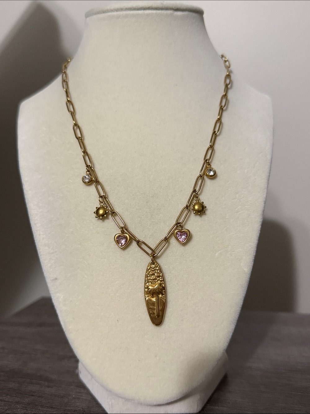 Palm Tree, Sun, Pink Heart Charm Necklace